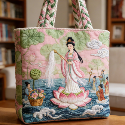 Quilted Lotus Goddess Chinese Tote Bag Quilted Tote Bag