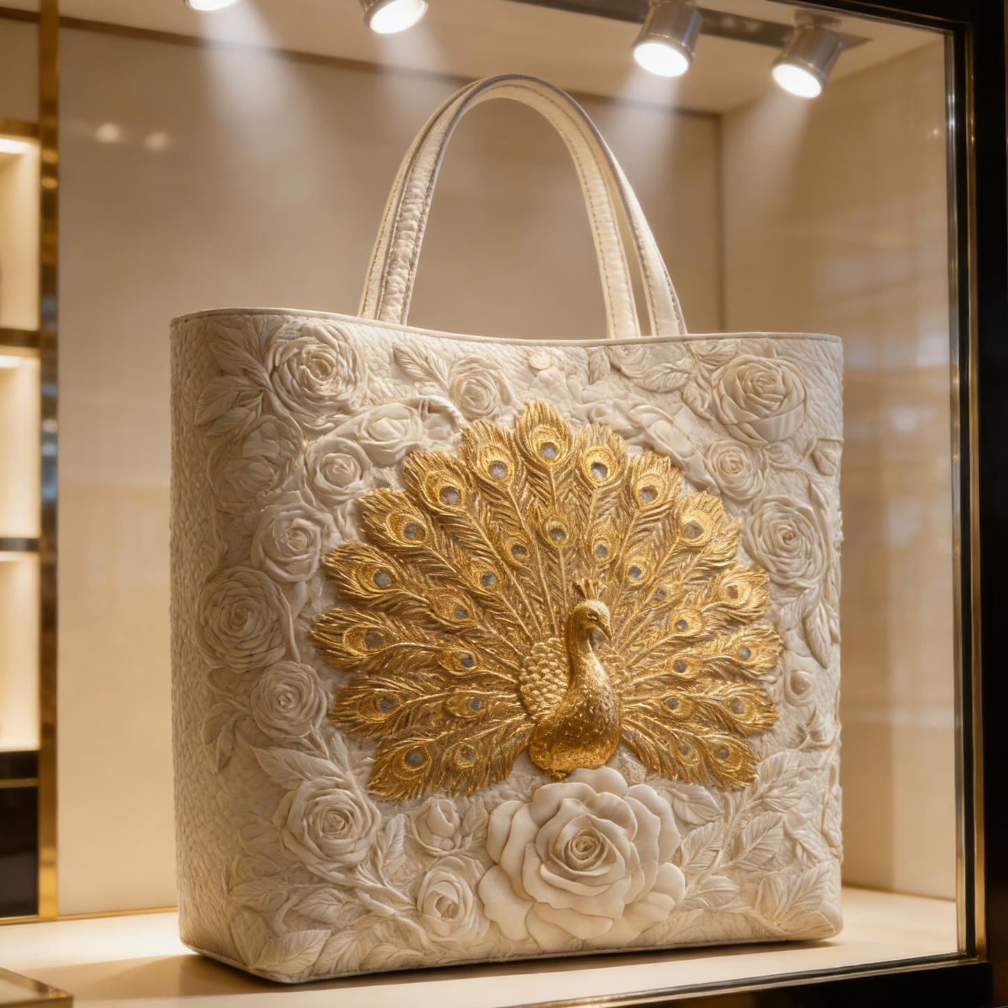 Golden Peacock Embossed Tote Bag