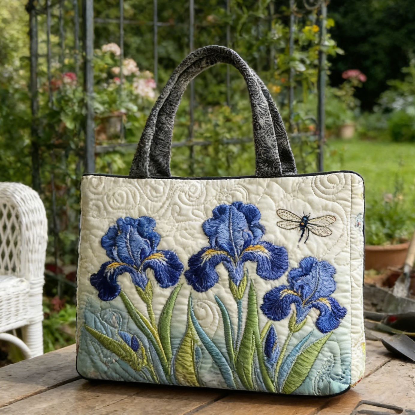 Fresh Iris & Dragonfly Quilted Tote Bag