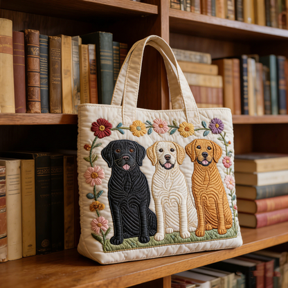 Stitched Labrador Retriever Tote Bag: Cozy Quilted Style with Colorful Pup & Flower Design