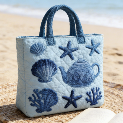 Light Blue & Sea Element Quilted Tote Bag