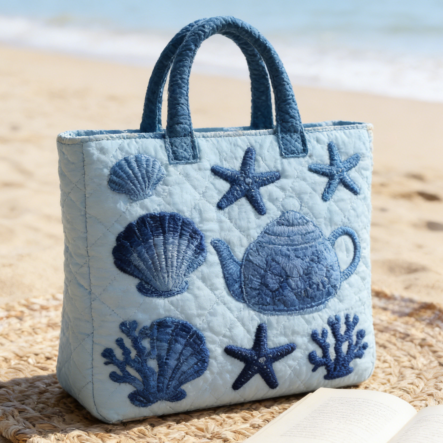 Light Blue & Sea Element Quilted Tote Bag
