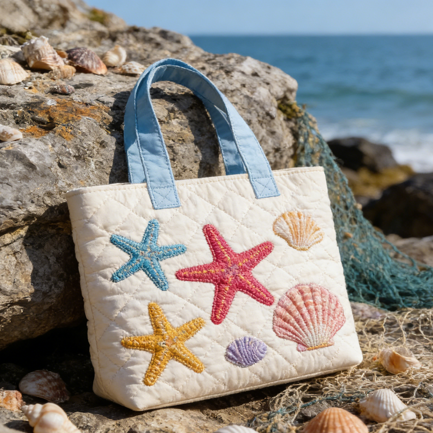 Beachside Cute Embroidery Canvas Tote Bag