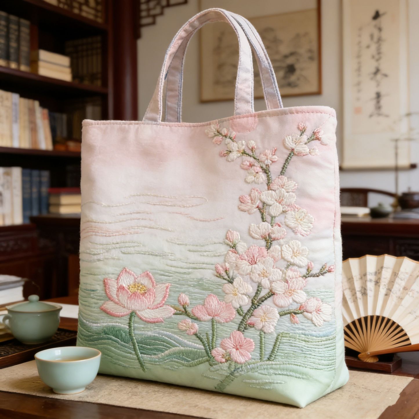 Oriental Cherry & Lotus Quilted Tote Bag