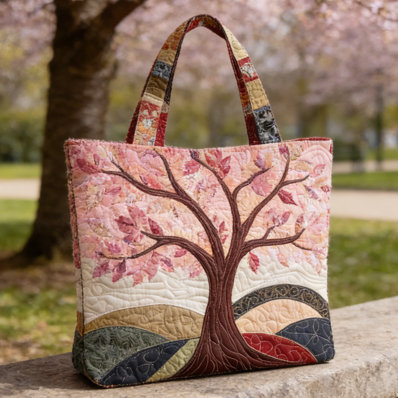 Cherry Blossom Tree Quilted Tote Bag