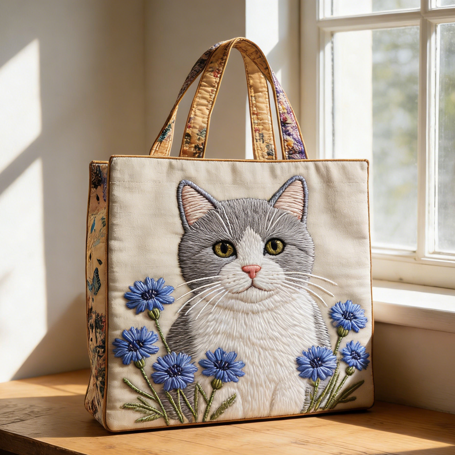 Beige Cat Cornflower Quilted Tote Bag