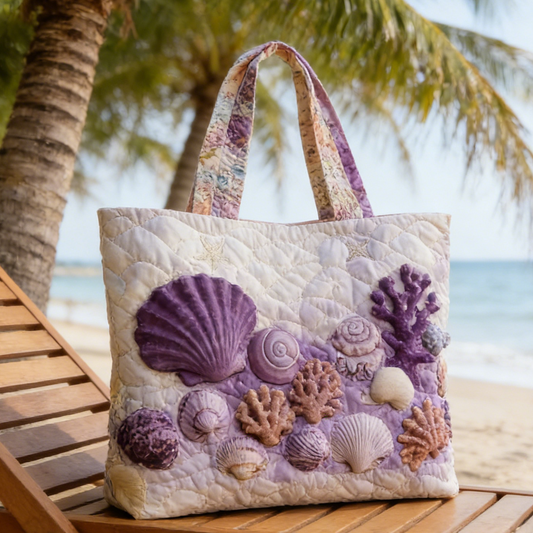 Purple Seashell Coral Quilted Tote Bag