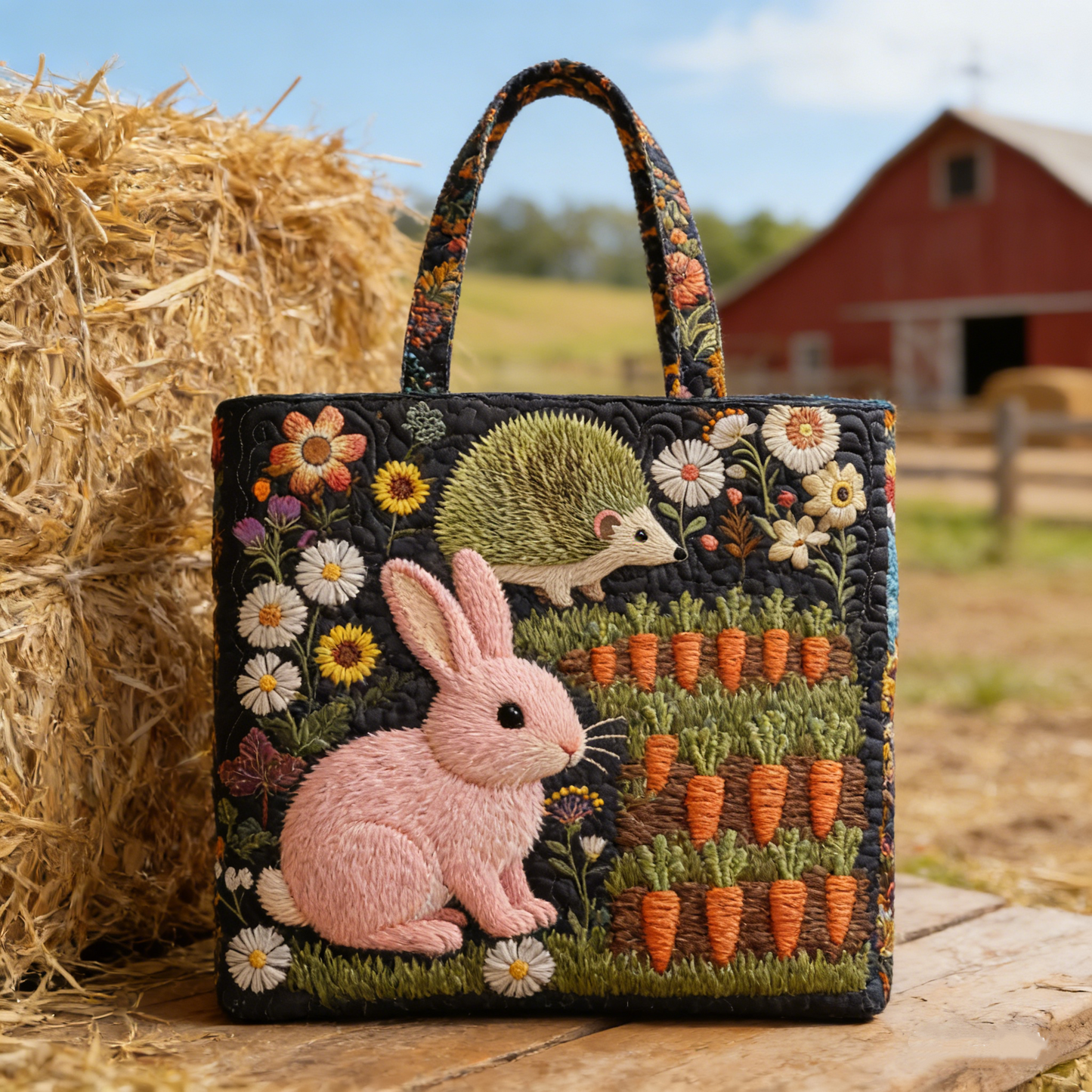 Charming Farm Bunny Hedgehog Quilted Tote Bag