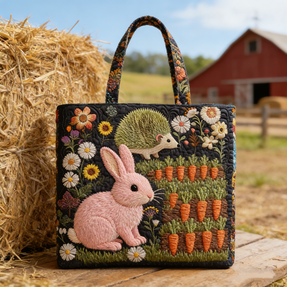Charming Farm Bunny Hedgehog Quilted Tote Bag