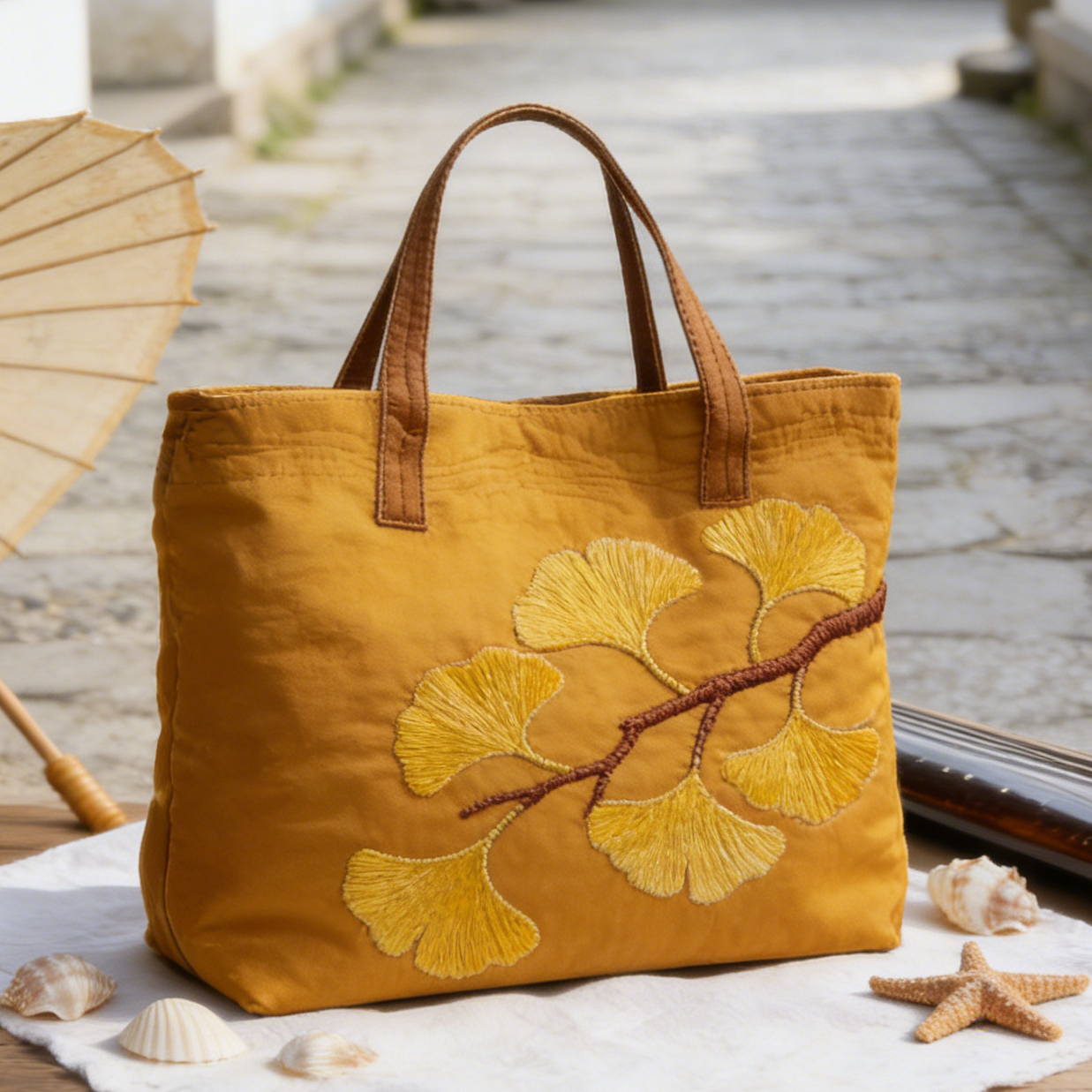 Golden Ginkgo Quilted Tote Bag