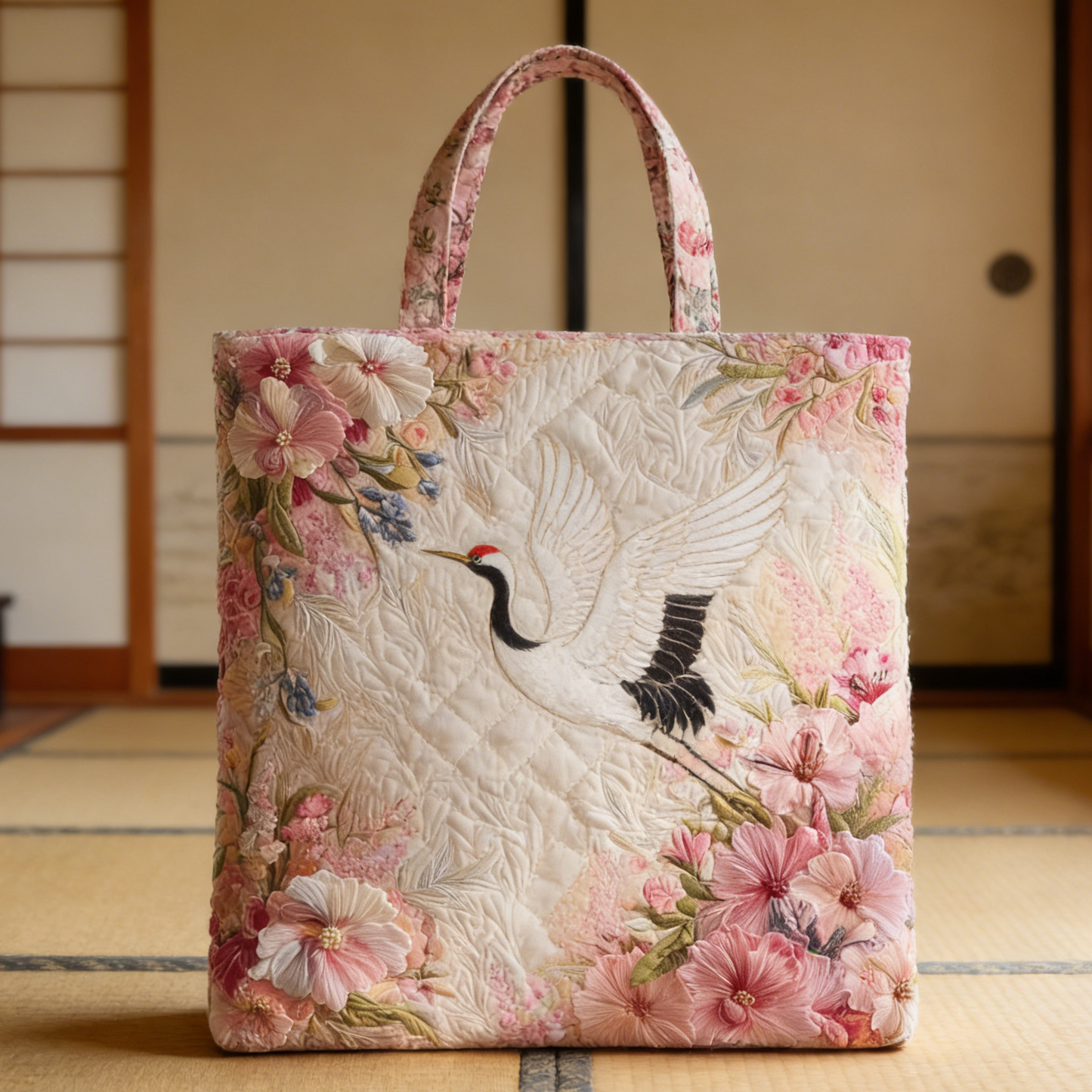 Crane & Floral Quilted Tote Bag