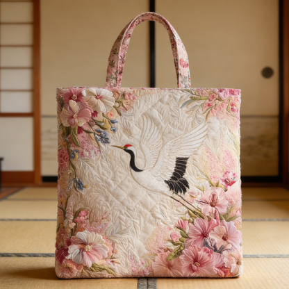 Crane & Floral Quilted Tote Bag