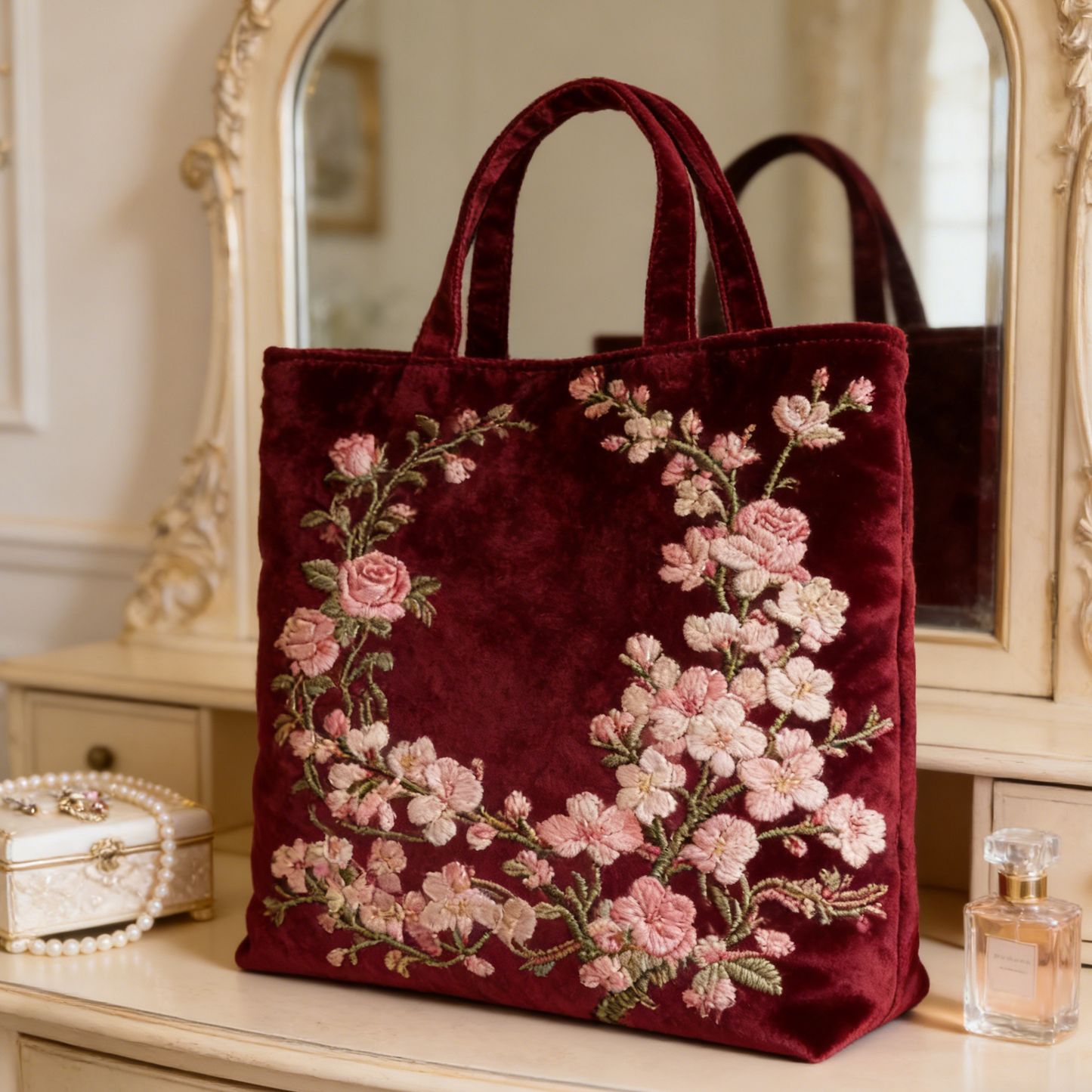 Burgundy Floral Velvet Quilted Tote Bag