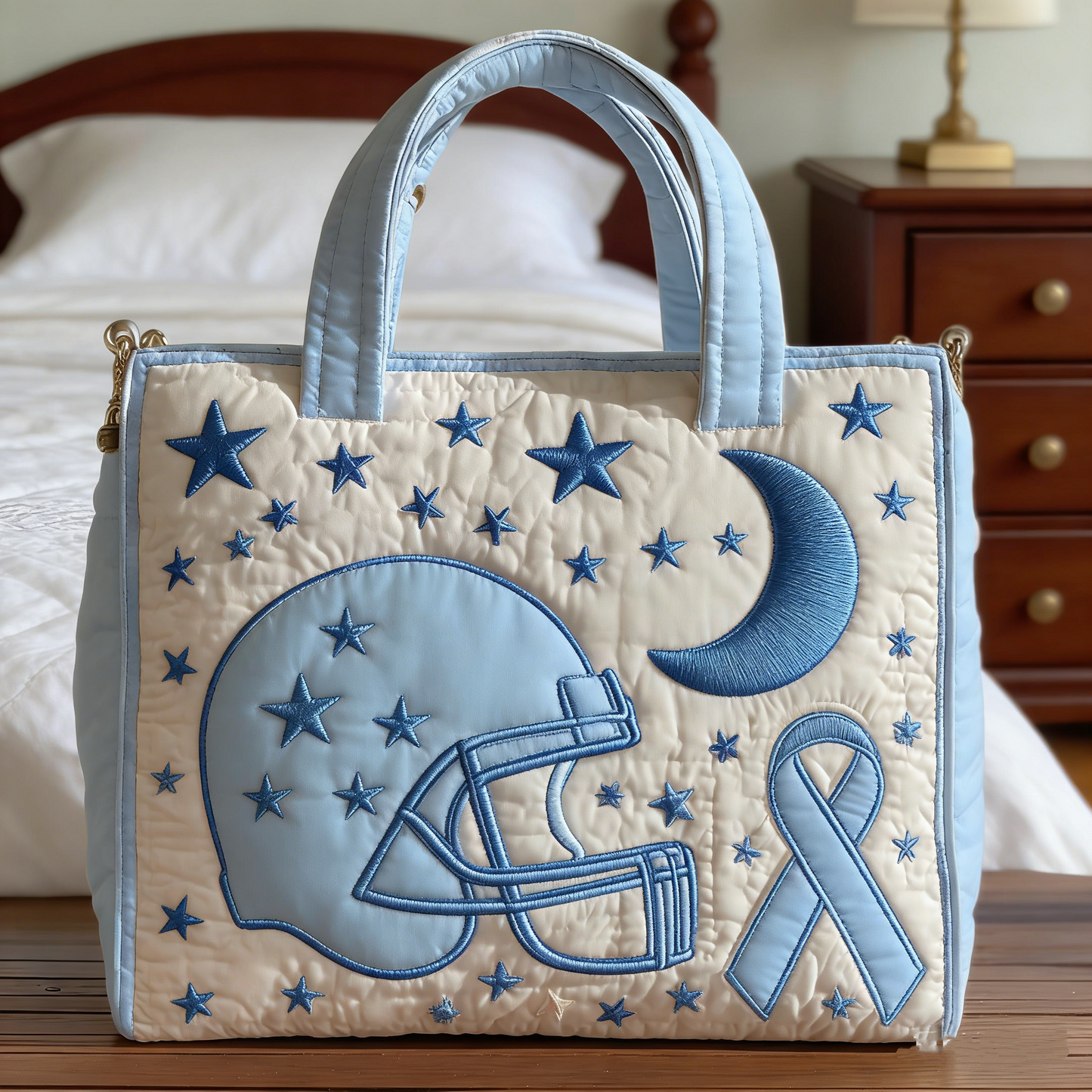 Football Helmet & Light Blue Ribbon Quilted Tote Bag