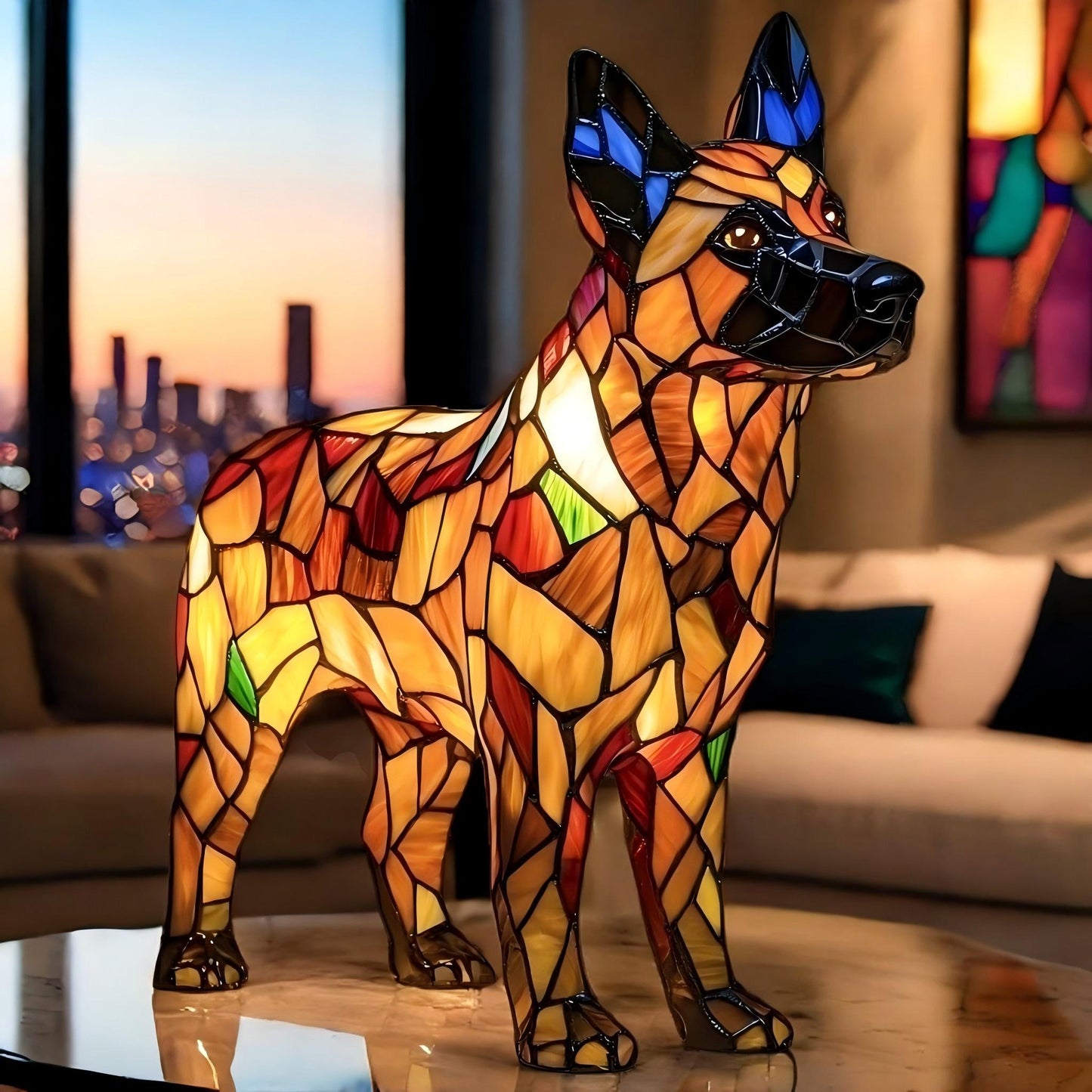 Lampe artistique en résine représentant un berger allemand