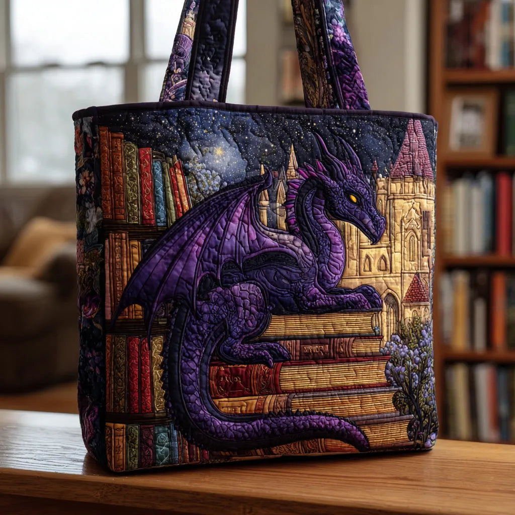Library Dragon Quilted Tote Bag