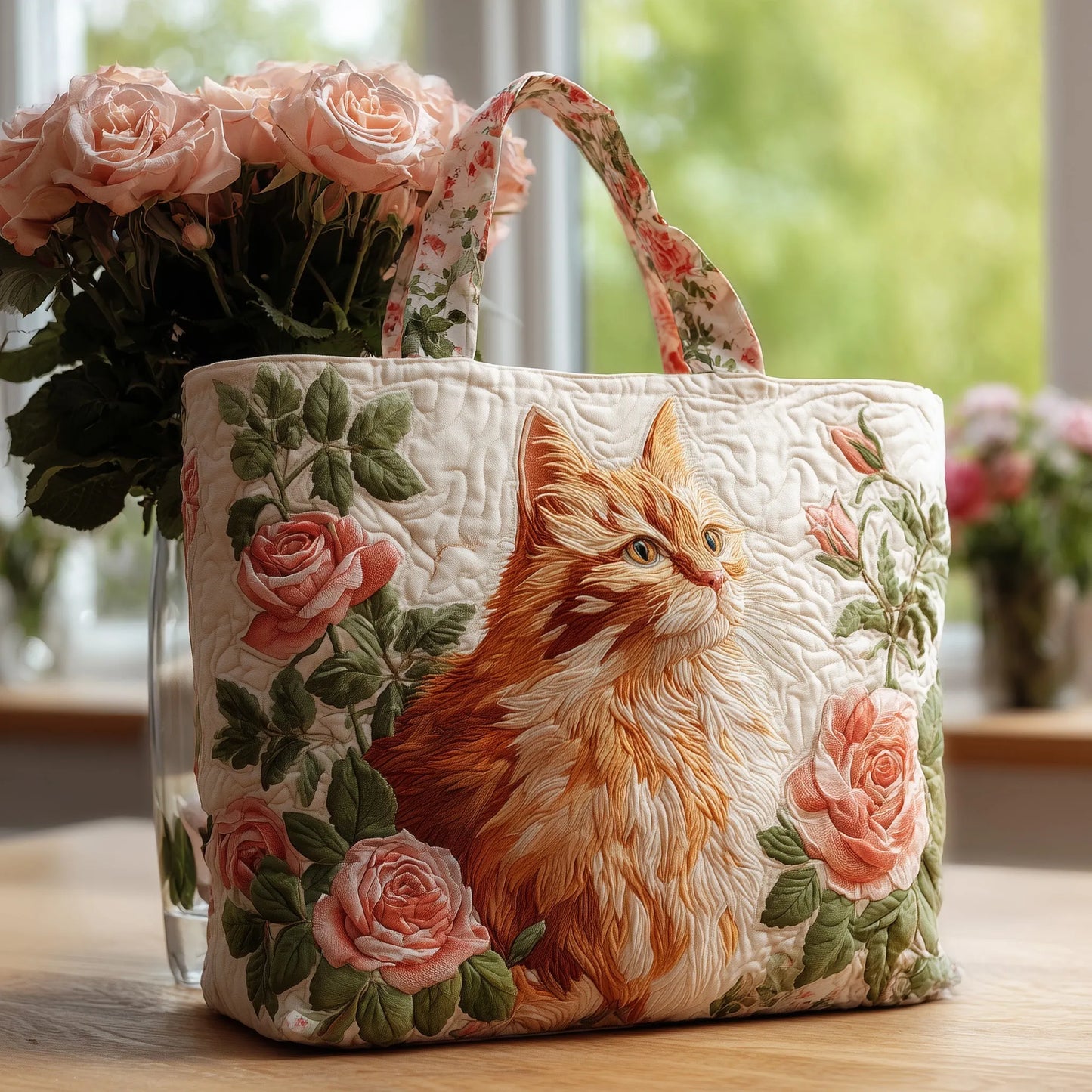 Cat and Rose Quilted Tote Bag