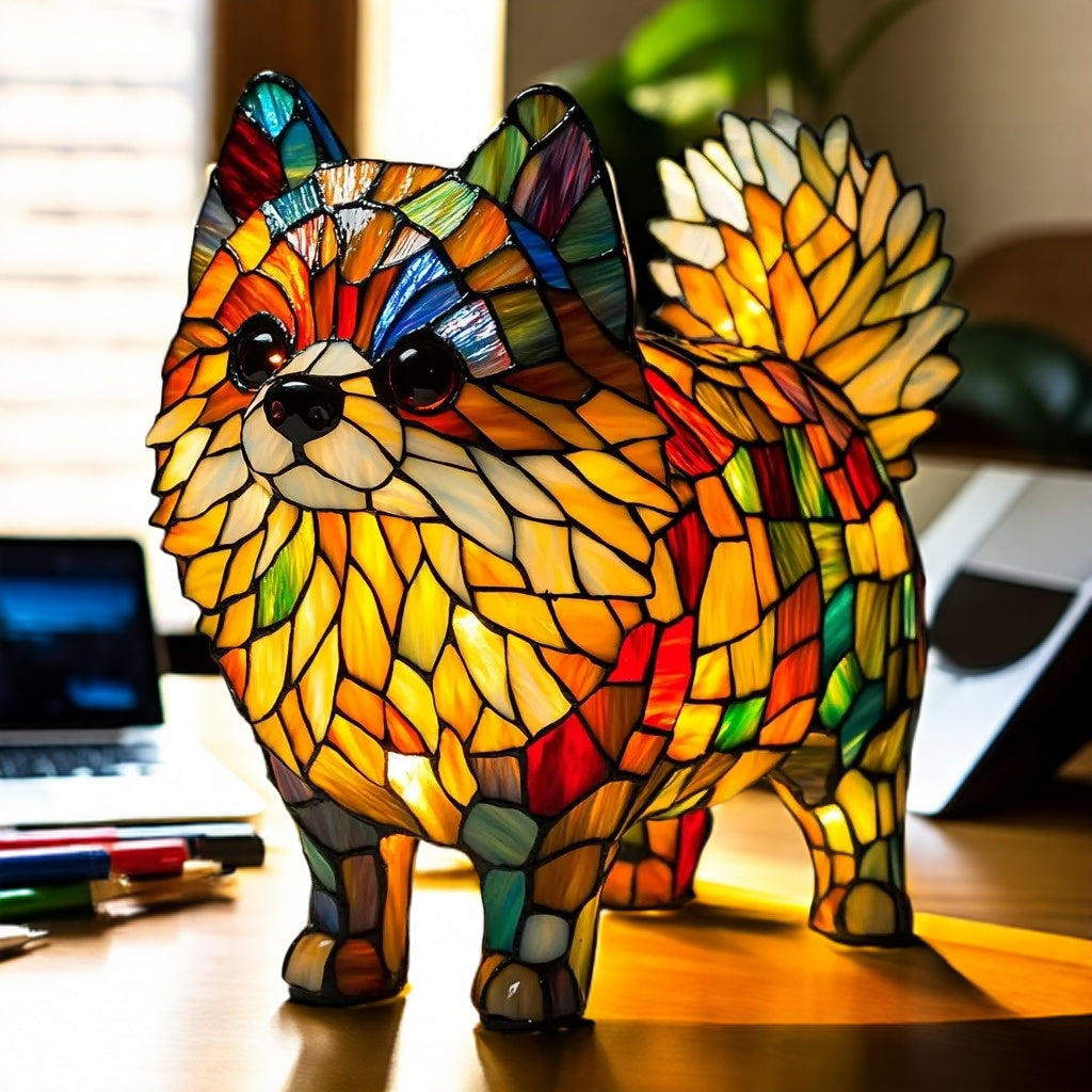Lampe artistique en résine représentant un Poméranien 