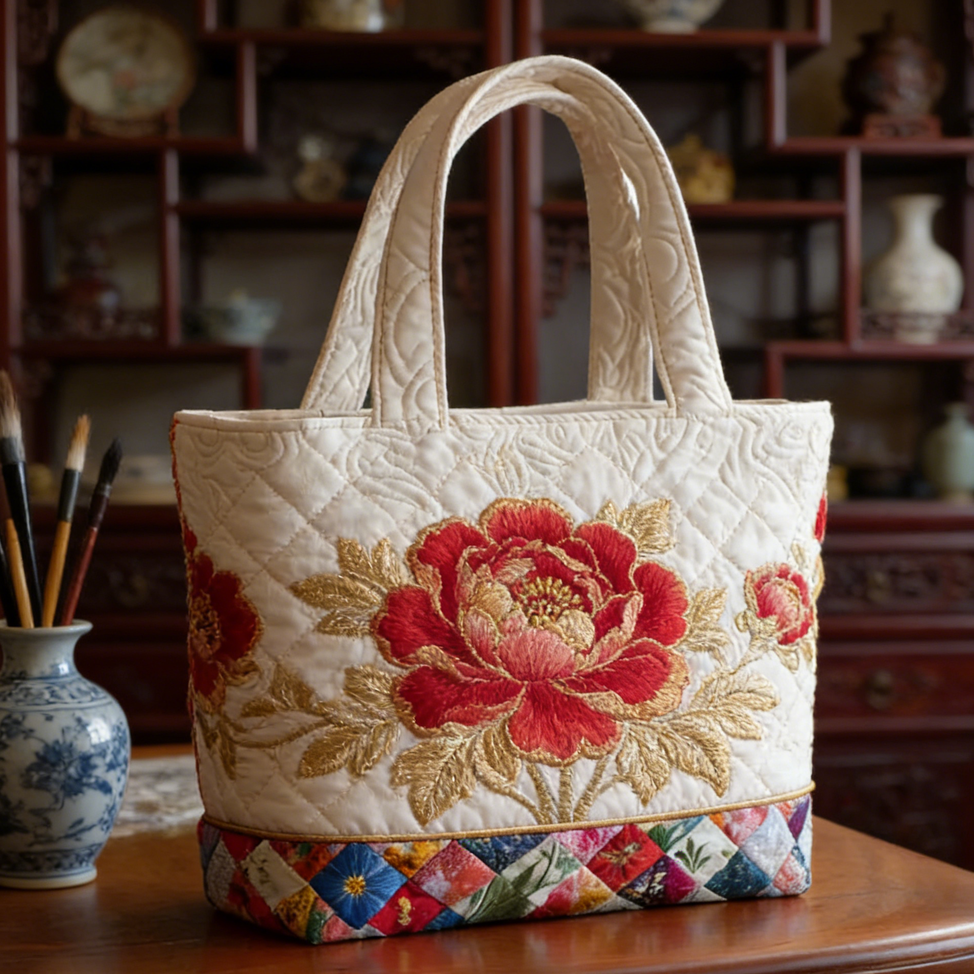 Red Peony Gold Quilted Tote Bag