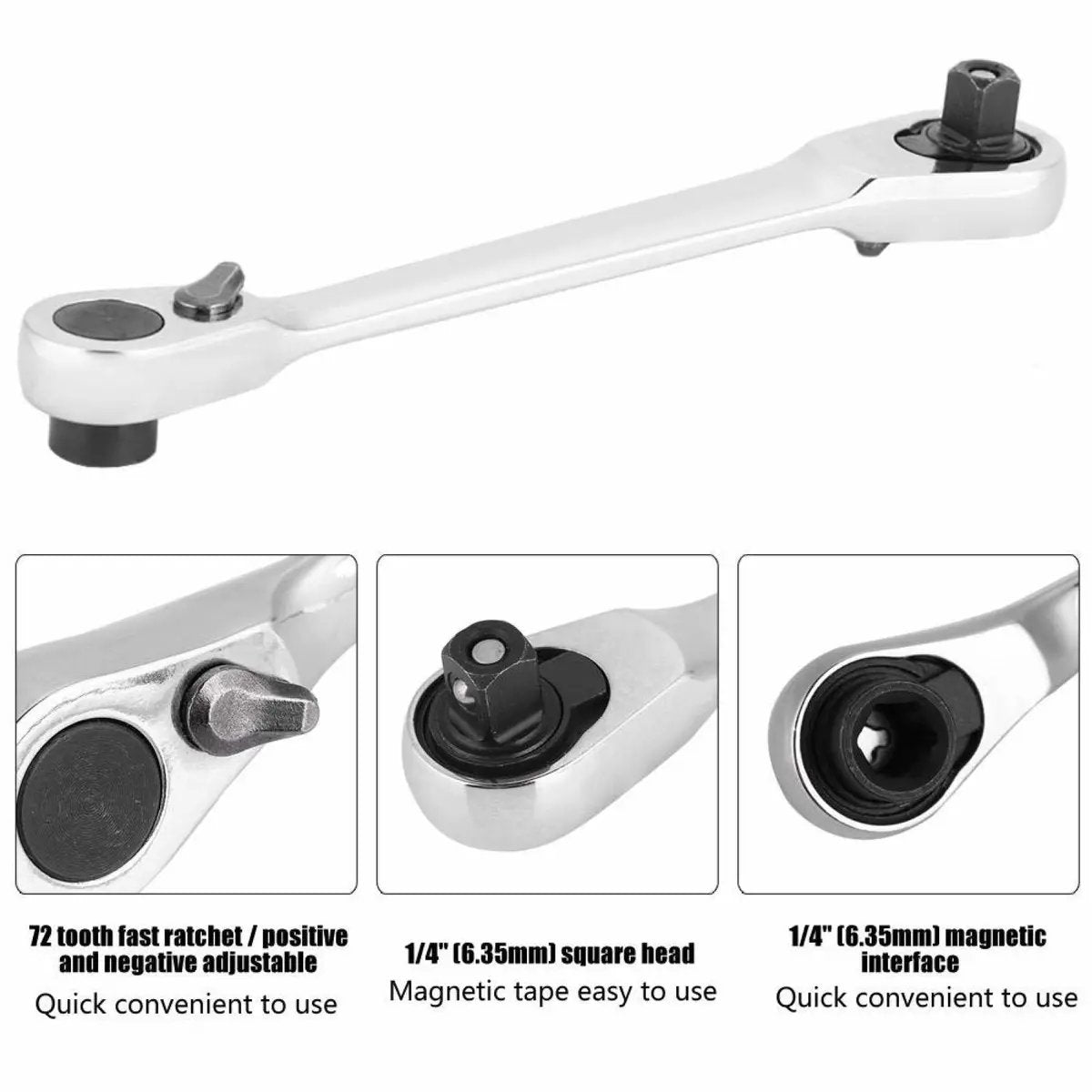 1/4 Inch Mini Double Headed Ratchet Wrench Silver 72-Tooth 5° Quick Release Drive Socket Tool 5