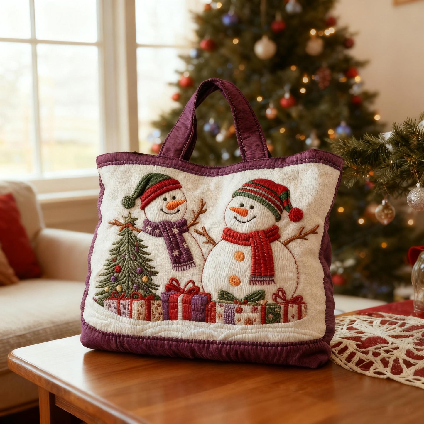 Joyful Snowman Quilted Tote Bag High  Christmas bag
