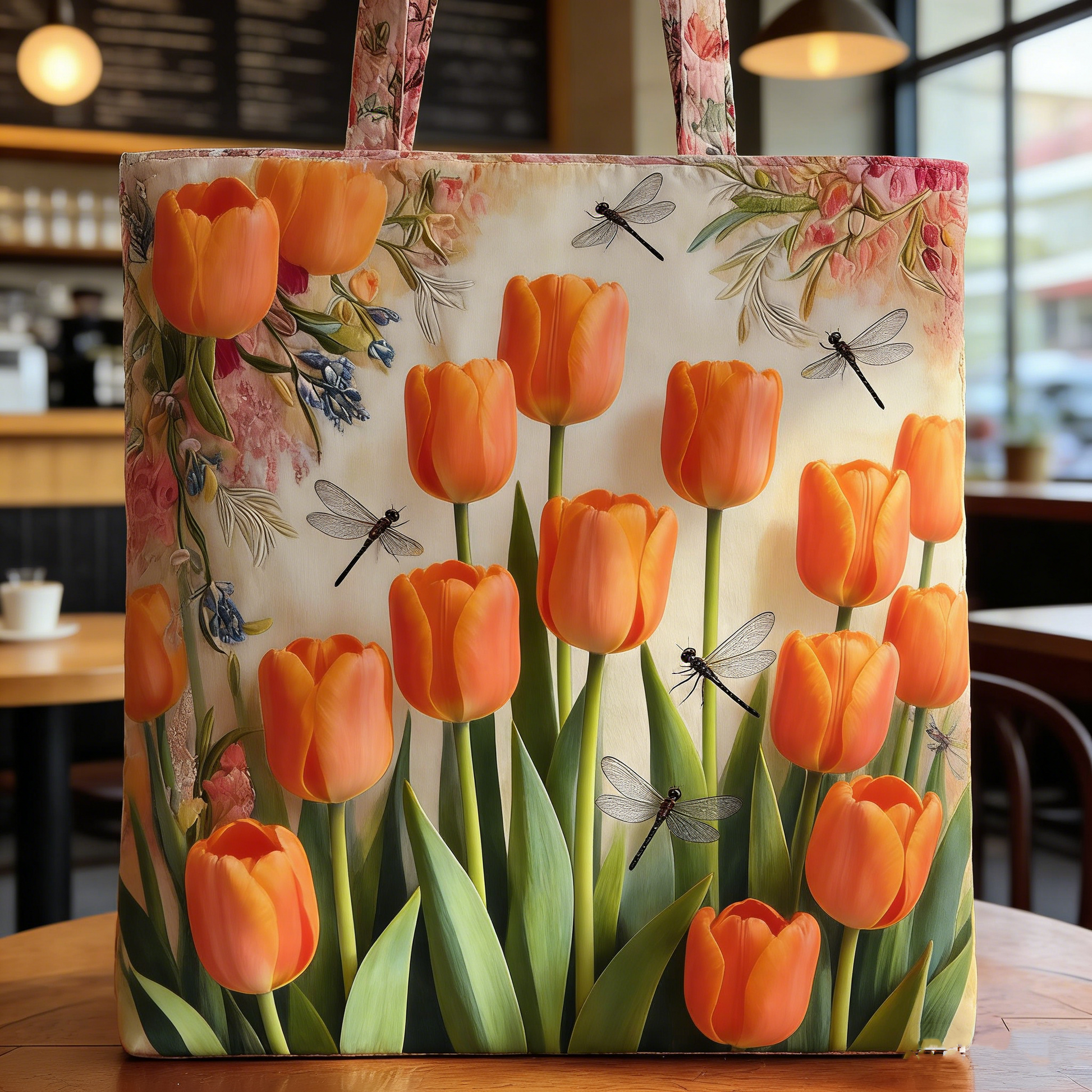 Orange Tulip Garden Quilted Tote Bag