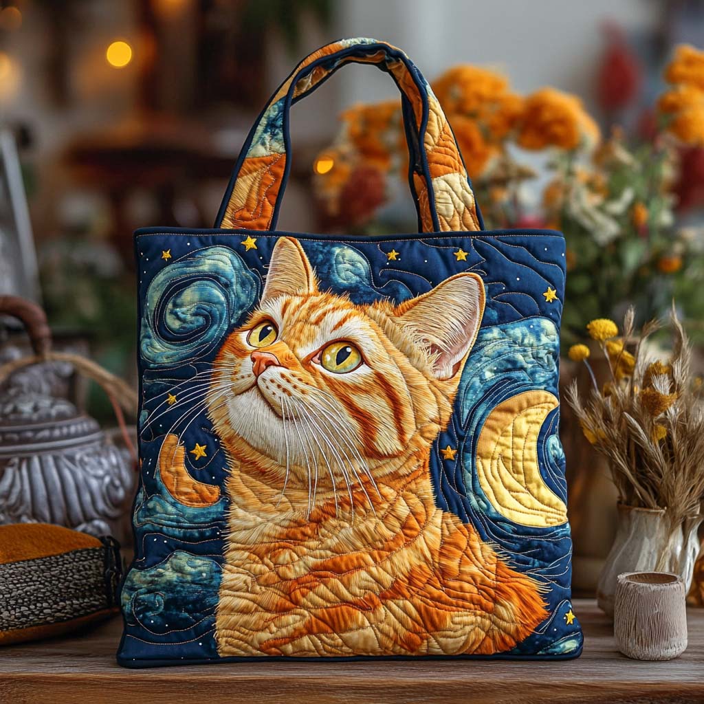 Starry Gaze Cat Quilted Tote Bag