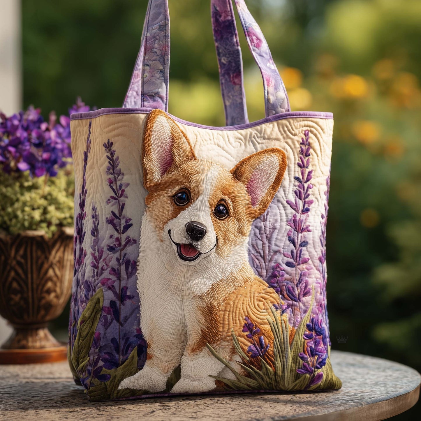 Lavender Corgi Quilted Tote Bag