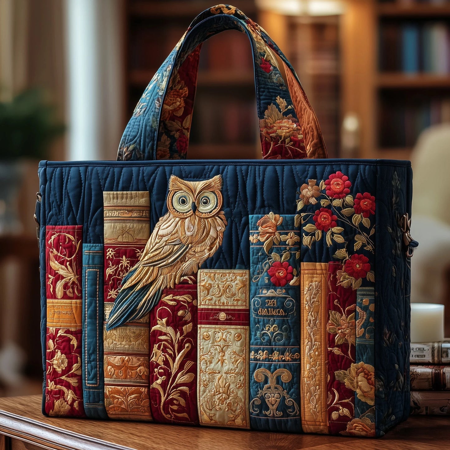 Reading Owl Quilted Tote Bag