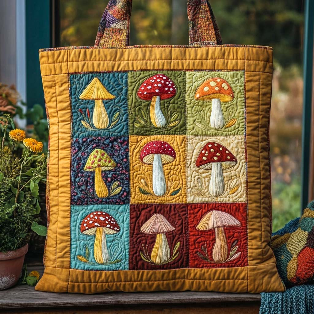Teal Patch Mushroom Quilted Tote Bag