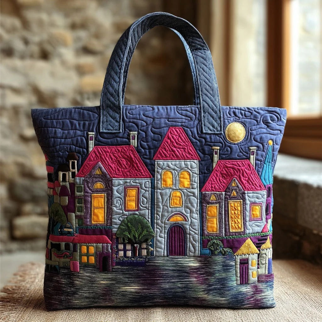 Twilight Village Quilted Tote Bag