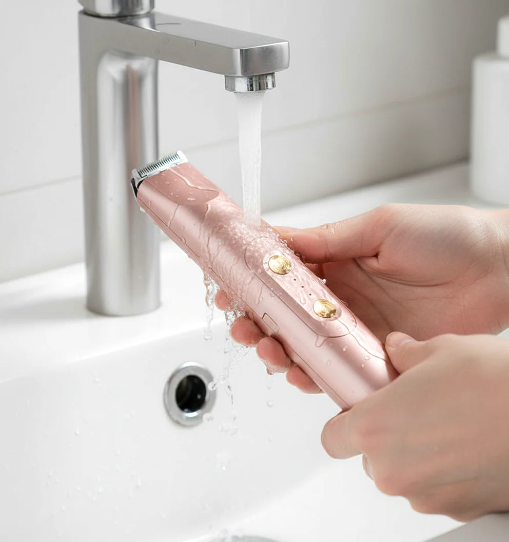 Waterproof bikini trimmer rinsed under running water